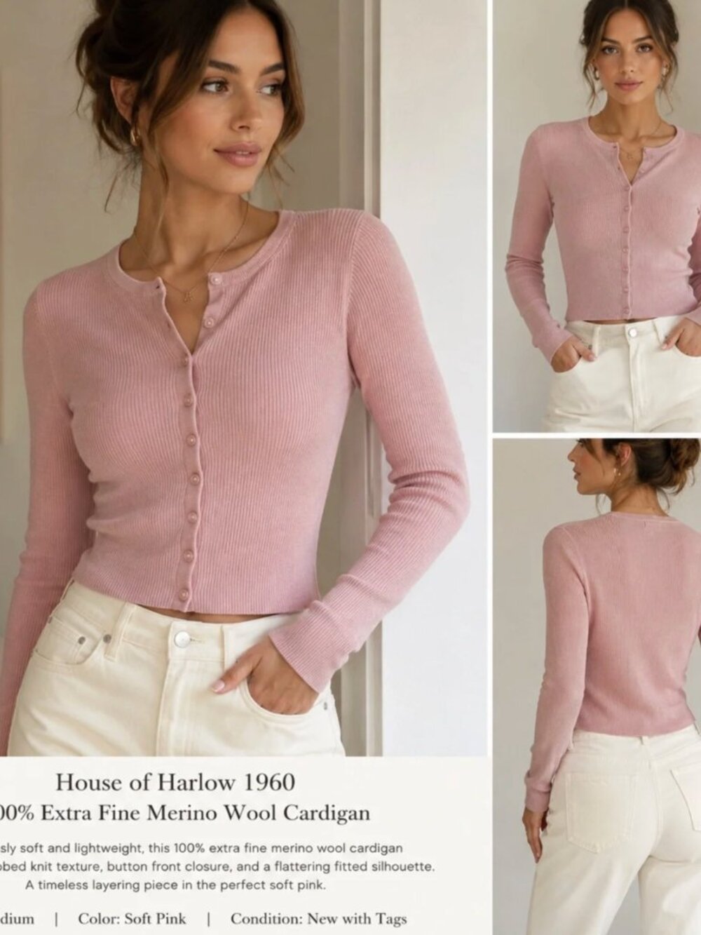 House of Harlow 1960 100% Extra Fine Merino Wool Pink Ribbed Cardigan NWT Small - Picture 2 of 9